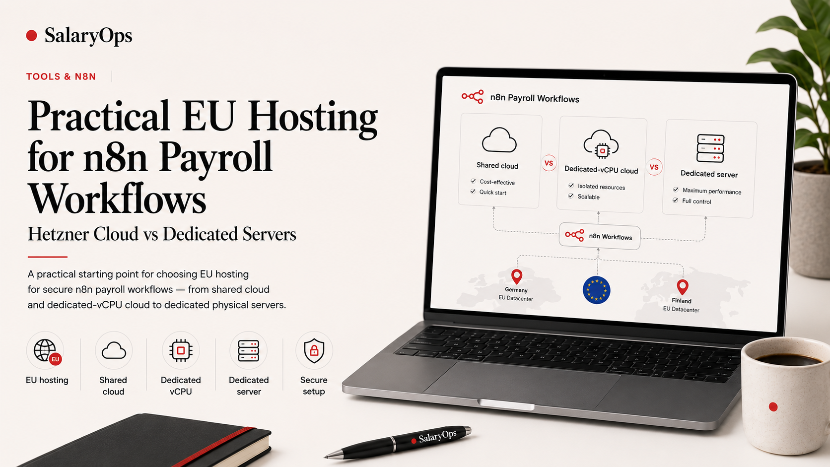 SalaryOps - Practical EU Hosting for n8n Payroll Workflows: Hetzner Cloud vs Dedicated Servers, with EU datacenter map and hosting comparison on a laptop.